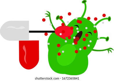 green bacterium is beaten by a boxing glove. The concept of the power of pills and medicine objects on a white background.