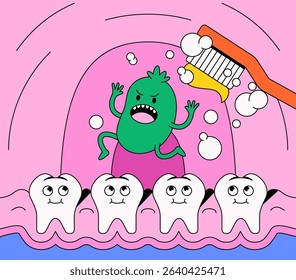 Green bacterium being attacked by a toothbrush inside a mouth with  The happy, smiling teeth in cartoon illustration vector hand drawn for educational message about oral hygiene