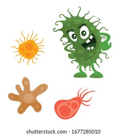 la bacteria verde mira los virus multicolores, el estilo caricaturizado, el objeto aislado sobre fondo blanco, la ilustración vectorial, los cepos