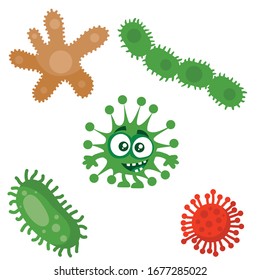 green bacterium is surrounded by multi-colored viruses, cartoon style, isolated object on a white background, vector illustration, eps