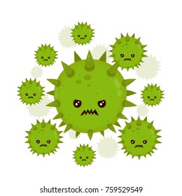 Green Bad Angry Evil Bad Flu Germ Virus Infection,micro Bacteria.Vector Flat Cartoon Character Illustration.Isolated On White Background.Microbe,Pathogen, Virus,flu,corona,covid-19 Icon.Cancer Concept