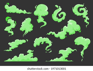 Green bad smell cartoon clouds of vector stink, odor, smoke and stench vapors. Isolated green fog, haze, steam and mist of bad breath, dirty body, fart and rotten food, garbage, toxic gas and armpit