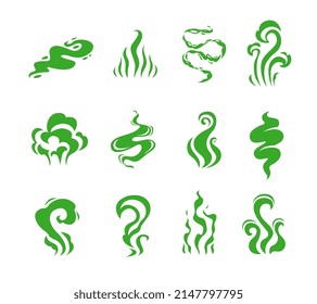 Green bad smell, cartoon smoke effects. Vector clouds of stink odor, breath and fart stench, toxic gas steam, odour, mist or fog, scent of rotten food, dirty body or sweat, isolated bad smell swirls