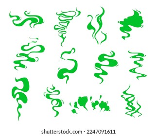 Green bad smell clouds, stink smoke odor or toxic gas and fart, vector cartoon effects. Green stench steams of bad breath or toxic scent vapor, stinky aroma smell clouds and smelly odour fume clouds