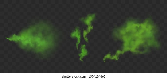 Green bad smell. Stinking streams of farting, smoke clouds or stench gases. Vector realistic set of chemical toxic vapour, breath or sweat odor isolated on transparent background