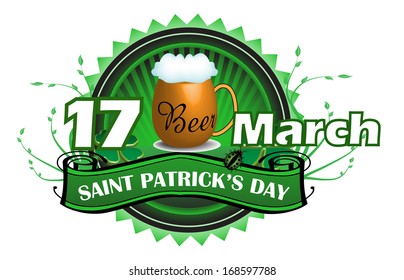 Green badge with beer mug for seventeen March. Saint Patrick's Day badge