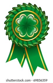 Green badge with clover and ribbon to St. Patrick's Day
