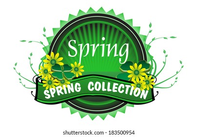 Green badge with flowers and the text spring collection written with white letters