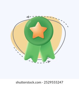 Green badge with gold star 3d cartoon style icon. Medal with ribbon, emblem or award for best product, high quality or service flat vector illustration. Success, rating system concept