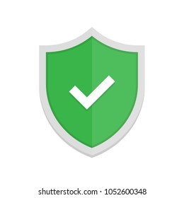 Green badge icon with shield and check mark. Modern flat vector illustration.