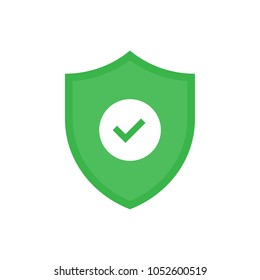 Green Badge Icon With Shield And Check Mark. Modern Flat Vector Illustration.