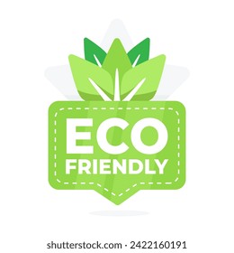 Green badge with leaf design promoting eco-friendly products and sustainable practices