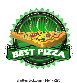 Green badge with a pizza slice and the text best pizza written with white letters