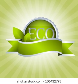 Green badge with ribbon. Eco and natural
