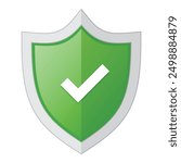 Green badge with shield and check mark. Right mark with protect shield. Shield with check mark. Vector illustration