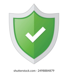 Green badge with shield and check mark. Right mark with protect shield. Shield with check mark. Vector illustration