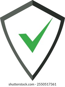 Green badge with shield and check mark. Right mark with protect shield. Shield with check mark. Vector illustration