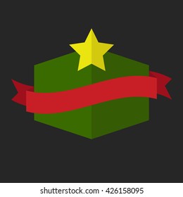 Green badge with yellow star and red ribbon  vector design.