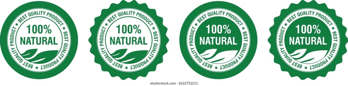 green badges showing 100 percent natural labels with leaf icons used for organic products	
