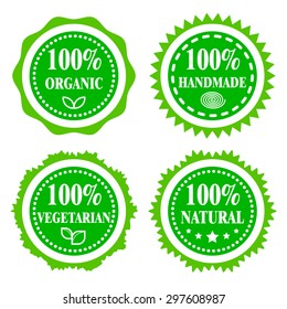 Green badges, stickers, logo, stamp. Hundred percent organic, vegetarian, natural and handmade. Modern bright flat design.