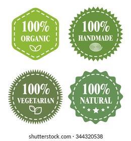 Green Badges, Stickers, Logo, Stamp. Hundred Percent Organic, Bio Product, Fresh Farm And Veggie Food. Modern Bright Flat Design.