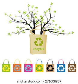 Green bag with big tree for your design. Bag with recycling symbol - Vector