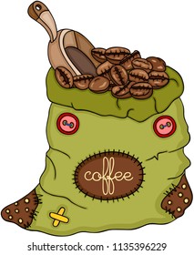 Green bag of coffee beans and scoop
