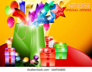 Green bag with colorful stars and gift box on sale promotion