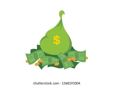 Green Bag of Dollars vector. Pile of dollars vector illustration. Dollars isolated on white background. Money icon vector