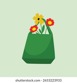 Saco verde com flores ilustração vetor. Saco reutilizável eco-amigável com buquê floral, perfeito para sustentabilidade, natureza, compras, campanhas ambientais, primavera, verão e design criativo.