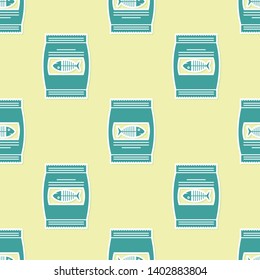 Green Bag of food for cat icon isolated seamless pattern on yellow background. Fish skeleton sign. Food for animals. Pet food package. Vector Illustration