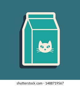 Green Bag of food for cat icon isolated on blue background. Food for animals. Pet food package. Long shadow style. Vector Illustration