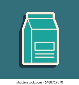 Green Bag of food icon isolated on blue background. Food for animals. Pet food package. Long shadow style. Vector Illustration