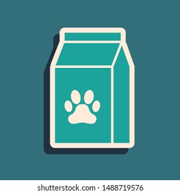 Green Bag of food for pet icon isolated on blue background. Food for animals. Pet food package. Dog or cat paw print. Long shadow style. Vector Illustration