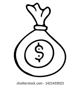 Green Bag with money. Hand drawn icon