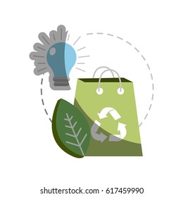 green bag with recycle sign, bulb and leaf