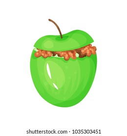 Green baked apple with caramel stuffing. Delicious fruit dessert. Healthy eating. Vegetarian nutrition. Cartoon food icon. Colorful flat vector illustration