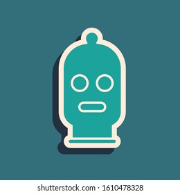 Green Balaclava icon isolated on blue background. A piece of clothing for winter sports or a mask for a criminal or a thief. Long shadow style. Vector Illustration