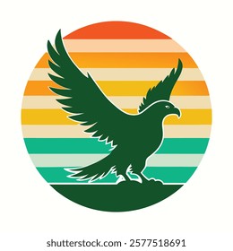 A green bald eagle silhouette on retro stipe sun vector