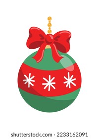 Green ball for Christmas tree. Sphere with red line with snowflakes and red bow. Poster or banner for website, greeting and invitation postcard design element. Cartoon flat vector illustration