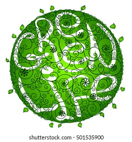 green ball with patterns, swirls, leaves, flowers and with the inscription Green Life, on a white background