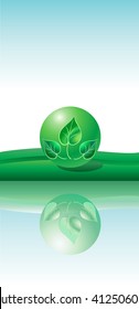 Green ball with reflection, reflective water surface, realistic, 3D, vector illustration, abstract modern design, green ball with green leaves, logo, eco, poster, brochure cover, environment concept 