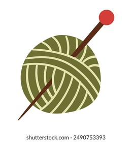 Green ball of wool yarn and knitting needle. Yarn vector icon, eps 10.