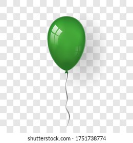 Green balloon 3D, thread, isolated white transparent background. Color glossy flying baloon, ribbon, birthday celebrate, surprise. Helium ballon gift. Realistic design happy bday. Vector illustration