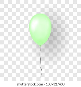 Green balloon 3D, thread, isolated white transparent background. Color glossy flying baloon, ribbon, birthday celebrate, surprise. Helium ballon gift. Realistic design happy bday. Vector illustration