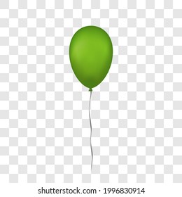 Green balloon 3D, thread, isolated white transparent background. Color glossy flying baloon, ribbon for birthday celebrate, surprise. Helium ballon gift. Realistic shape, design happy bday. Vector ill