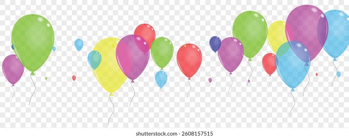 Green Balloon Background Transparent Vector. Confetti Anniversary Border. Yellow Birthday. Blue Ballon. Air Shiny Frame.