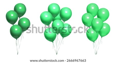Green balloon bday bunch, 3d birthday balls float on ribbon. Emerald minimal vector balons on thin string, happy anniversary party decor mockup. Air helium inflated bound event congratulation gift