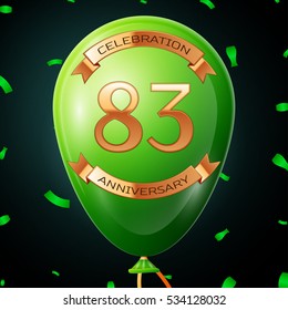 Green balloon with golden inscription eighty three years anniversary celebration and golden ribbons, confetti on black background. Vector illustration