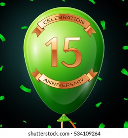 Green balloon with golden inscription fifteen years anniversary celebration and golden ribbons, confetti on black background. Vector illustration